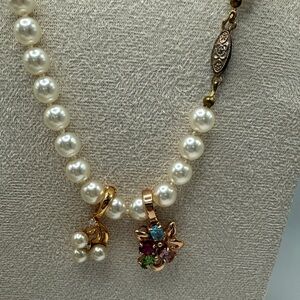 Faux Pearl and Gold Tone Necklace with Clip On Floral Rhinestone & Faux Charms
